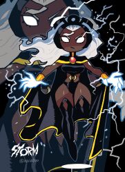 Rule 34 | 1girl, absurdres, animification, black background, black cape, black footwear, black leotard, black thighhighs, blush, boots, breasts, brooch, cape, character name, closed mouth, clothing cutout, dark-skinned female, dark skin, electricity, fighting stance, fingernails, floating, floating hair, full body, gem, glowing, groin, headpiece, high heel boots, high heels, highleg, highleg leotard, highres, jewelry, legs together, leotard, lightning, lipstick, long fingernails, long hair, looking at viewer, makeup, marvel, medium breasts, midriff, o-ring, ororo munroe, rariatto (ganguri), red gemstone, red lips, shiny clothes, side cutout, simple background, skin tight, solo, standing, storm (x-men), superhero costume, taut clothes, thigh boots, thighhighs, thighs, turtleneck, vambraces, wavy hair, white eyes, white hair, x-men, zoom layer