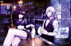 Rule 34 | 10s, 2boys, 2girls, absurdres, arm behind back, arm support, bar (place), bare legs, bartender, belt, black hair, blue eyes, blunt bangs, bottle, bow, bowtie, braid, brick wall, buttons, character name, chiyuki (death parade), counter, crop top, crossed arms, crossed legs, cup, dark skin, death parade, decim (death parade), dress shirt, drinking glass, earrings, fleur-de-lis, foreshortening, frown, ginti, hair over one eye, hair over shoulder, hand on own hip, highres, holding, indoors, jewelry, kurokami no onna, leaning back, legs, liang boya, lights, lipstick, long hair, long sleeves, low ponytail, magazine scan, makeup, midriff, miniskirt, multicolored hair, multiple boys, multiple girls, narrow waist, navel, necklace, nona (death parade), official art, page number, pants, pencil skirt, pendant, ponytail, purple eyes, red hair, reflection, sandals, scan, shirt, shoes, short hair, short ponytail, single braid, sitting, skirt, sleeves rolled up, spiked hair, stained glass, standing, suspenders, text focus, towel, tray, two-tone hair, vest, white hair, white shirt, wing collar, yellow eyes