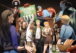 Rule 34 | 2girls, 6+boys, absurdres, alternate costume, birthday, blonde hair, brook (one piece), casual, collared shirt, curly eyebrows, cyborg, facial hair, franky (one piece), goatee, green hair, group picture, hair over one eye, highres, jinbe (one piece), kotomine (a1569), latex, long nose, male focus, merman, monkey d. luffy, monster boy, multiple boys, multiple girls, nami (one piece), nico robin, one piece, pants, roronoa zoro, sanji (one piece), scar, scar across eye, shirt, short hair, skeleton, sunglasses, tony tony chopper, usopp