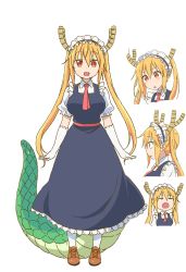 Rule 34 | 10s, 1girl, blonde hair, breasts, dragon girl, dragon horns, dragon tail, dress, fang, full body, gloves, horns, kobayashi-san chi no maidragon, long hair, looking at viewer, maid, maid headdress, medium breasts, monster girl, necktie, official art, red eyes, red necktie, sash, scales, shoes, short sleeves, skirt hold, slit pupils, smile, solo, standing, tail, tohru (maidragon), twintails, white background, white gloves, white legwear