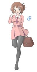 Rule 34 | 1girl, absurdres, bag, black pantyhose, blush, bow, briefcase, brown bag, brown eyes, brown hair, collared shirt, commentary request, dress, eyelashes, finger to mouth, full body, hair bun, hair ornament, hairclip, hand up, highres, holding, leg up, long sleeves, necktie, no shoes, open mouth, original, pantyhose, pink dress, plaid, plaid bow, plaid necktie, plaid neckwear, school briefcase, shirt, simple background, single hair bun, solo, tax2rin, teeth, tongue, white shirt