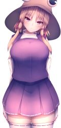 Rule 34 | 1girl, :o, alternate breast size, bad id, bad pixiv id, blonde hair, blush, breasts, commentary request, darumoon, detached sleeves, hat, highres, large breasts, looking at viewer, moriya suwako, purple eyes, purple skirt, short hair, simple background, skirt, solo, thighhighs, touhou, white background, white thighhighs, yellow eyes, zettai ryouiki