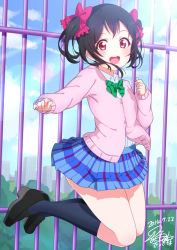 Rule 34 | 10s, 1girl, black hair, black legwear, blush, bow, bowtie, buttons, cardigan, full body, hair bow, jumping, love live!, love live! school idol project, open mouth, pleated skirt, red disappointment, red eyes, rooftop, school uniform, shirt, shoes, short twintails, signature, skirt, smile, solo, sunlight, timestamp, twintails, white shirt, yazawa nico