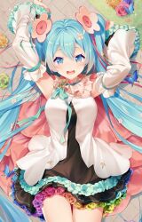 Rule 34 | 1girl, aqua eyes, aqua hair, arms up, black dress, blue butterfly, blue ribbon, breasts, brick floor, bug, butterfly, cape, choker, clenched hand, commentary, cropped legs, detached sleeves, dress, english commentary, floral print, flower, frilled cape, frilled choker, frilled sleeves, frills, from above, gradient eyes, gradient hair, hair between eyes, hair flower, hair ornament, hatsune miku, insect, jacket, long hair, looking at viewer, lying, magical mirai (vocaloid), magical mirai miku, magical mirai miku (2021), medium breasts, multicolored eyes, multicolored hair, on back, on ground, open clothes, open jacket, open mouth, rainbow, red cape, ribbon, rimuu, rose, sidelocks, smile, solo, straight-on, striped ribbon, teeth, twintails, upper teeth only, very long hair, vocaloid, white jacket