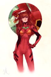 Rule 34 | 00s, 1girl, art nouveau, blue eyes, bodysuit, breasts, brown hair, cowboy shot, cropped legs, eva 02, evangelion: 2.0 you can (not) advance, hairpods, hand on own hip, highres, interface headset, jasmin darnell, long hair, neon genesis evangelion, plugsuit, rebuild of evangelion, small breasts, solo, souryuu asuka langley, white background