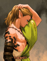 Rule 34 | 1boy, abs, archaic set (zelda), armlet, asymmetrical clothes, belt, black skin, blonde hair, blue eyes, colored skin, commentary, corruption, english commentary, fine art parody, from side, hair pulled back, highres, link, male focus, malin falch, medium hair, multicolored skin, nintendo, parody, pectorals, pointy ears, single sleeve, solo, the legend of zelda, the legend of zelda: breath of the wild, the legend of zelda: tears of the kingdom, thick eyebrows, toned, tunic, white tunic