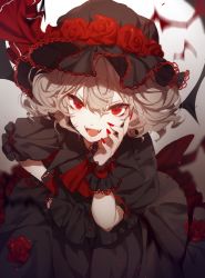 Rule 34 | 1girl, bad id, bad pixiv id, bat wings, black dress, dress, fangs, flower, highres, looking at viewer, nail polish, no-kan, open mouth, puffy short sleeves, puffy sleeves, red eyes, red flower, red rose, remilia scarlet, rose, short hair, short sleeves, silver hair, solo, touhou, wings, wrist cuffs