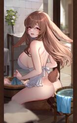 Rule 34 | 1girl, animal ear fluff, animal ears, apron, ass, bare shoulders, blush, breasts, brown hair, embarrassed, isekai: slow life, large breasts, monster girl, naked apron, official art, rabbit ears, rabbit girl, rabbit tail, red eyes, solo, vivian (isekai: slow life), waist apron, white apron, window