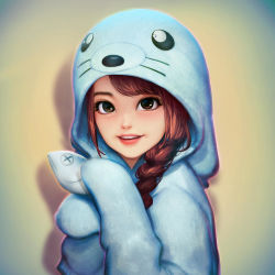 Rule 34 | 1girl, animal costume, bnk48, braid, braided ponytail, brown eyes, brown hair, commentary, hands up, hood, hood up, long hair, looking at viewer, neoartcore, parted lips, seal costume, solo, upper body