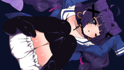 Rule 34 | 1girl, alice (criminal girls), arms up, black thighhighs, blush, body blush, braid, criminal girls, earrings, feet, game cg, ichihaya, jewelry, long hair, lowres, no shoes, official art, one eye closed, purple eyes, purple hair, simple background, sleeves past wrists, solo, thighhighs, wink
