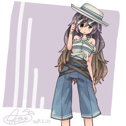 Rule 34 | 1girl, :&gt;, alternate costume, anchor symbol, aoi kujira, bare shoulders, bead necklace, beads, blue pants, brown eyes, brown hair, collarbone, cowboy shot, dated, gradient hair, hair between eyes, hat, hijiri byakuren, jewelry, long hair, looking at viewer, multicolored hair, necklace, off-shoulder shirt, off shoulder, pants, purple background, purple hair, shirt, signature, smile, solo, sunglasses, touhou, very long hair, white hat, white shirt