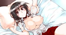 Rule 34 | 00s, 1girl, bed, bed sheet, black eyes, black hair, blush, bra, breasts, cosaten, frown, large breasts, lying, nipples, on back, open clothes, open shirt, pillow, school rumble, shirt, short hair, skirt, solo, suou mikoto (school rumble), underwear