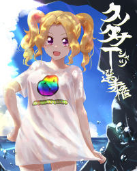 Rule 34 | 1girl, :d, aikatsu!, aikatsu! (series), bare legs, beach, black bra, black panties, blouse, blush, bra, bra visible through clothes, breasts, cloud, cloudy sky, collarbone, commentary request, cowboy shot, daichi nono, day, drill hair, eyes visible through hair, food print, hair intakes, hand on own hip, highres, large breasts, light rays, looking at viewer, mole, mole under eye, no pants, ocean, open mouth, panties, potato, potato print, purple eyes, rock, see-through, see-through shirt, shirt, shirt tug, short sleeves, sky, smile, solo, standing, sunlight, t-shirt, taiyaki29, translation request, twin drills, twintails, underwear, water drop, wet, white shirt