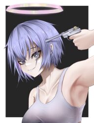 Rule 34 | 1girl, absurdres, arknights, armpits, bare shoulders, blue hair, breasts, cleavage, collarbone, commentary request, grey eyes, grin, gun, gun to head, halo, handgun, highres, holding, holding gun, holding weapon, kafu (kafu6416), looking at viewer, medium breasts, short hair, smile, solo, sports bra, spuria (arknights), uneven eyes, upper body, weapon