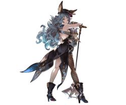 Rule 34 | 10s, 1girl, animal ears, backless dress, backless outfit, boots, coat, dress, earrings, erune, ferry (granblue fantasy), fishnet thighhighs, fishnets, from behind, full body, granblue fantasy, guitar, hat, holding, instrument, jewelry, long hair, looking at viewer, looking back, microphone, midriff, minaba hideo, miniskirt, official art, simple background, single thighhigh, skirt, solo, thighhighs