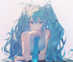 Rule 34 | ..., 1girl, ?, bare shoulders, blue eyes, blue hair, blue necktie, breasts, chromatic aberration, collared shirt, commentary, d:, hair between eyes, hand on own chin, hatsune miku, highres, long hair, looking at viewer, medium breasts, messy hair, mihoranran, necktie, number tattoo, open mouth, raised eyebrow, shirt, sidelocks, simple background, sleeveless, sleeveless shirt, solo, straight-on, sweatdrop, tattoo, twintails, upper body, very long hair, vocaloid, white background, white shirt