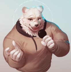 Rule 34 | 1boy, animal ears, bara, bear boy, bear ears, brown hoodie, character request, check character, cropped torso, fang, furry, furry male, highres, holding, holding microphone, hood, hoodie, indie virtual youtuber, kuma (v-tuber), large pectorals, looking at viewer, male focus, microphone, muscular, muscular male, papyuuno, pectorals, scar, scar on face, scar on nose, smile, solo, thick eyebrows, virtual youtuber, white fur