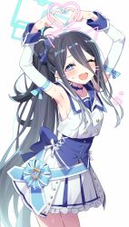 Rule 34 | 1girl, absurdres, aris (blue archive), armpits, arms up, birthday, black hair, blue archive, blue choker, blue eyes, blush, choker, detached sleeves, frilled skirt, frills, hair between eyes, halo, heart, heart hands, highres, idol clothes, kunikune, long hair, mischievous straight uniform (blue archive), open mouth, pleated skirt, shirt, simple background, skirt, sleeveless, sleeveless shirt, smile, solo, sweat, very long hair, white background, white shirt, white skirt