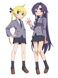 2girls black_necktie black_skirt black_socks blonde_hair blue_eyes breasts brown_footwear closed_mouth collared_shirt full_body goshiki_agiri grey_jacket hair_ribbon hands_on_own_hips highres jacket kill_me_baby loafers long_hair long_sleeves looking_at_viewer multiple_girls necktie pleated_skirt purple_eyes purple_hair ribbon school_uniform shirt shoes simple_background skirt smile socks sonya_(kill_me_baby) standing twintails very_long_hair white_background white_shirt yachima_tana