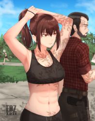 Rule 34 | 1boy, 2girls, abs, armpits, arms up, brown hair, cat girl, edzactly, highres, multiple girls, original, red eyes, solo focus, sports bra, sweat, tying hair