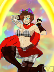 Rule 34 | 1girl, absurdres, alternate costume, alternate eye color, animal ears, arms up, bare shoulders, belt, bikini, black footwear, blue eyes, blue nails, blush, boots, bra, breasts, cape, cat ears, checkered bikini, checkered clothes, checkered sleeves, checkered thighhighs, cleavage, cm artist, corruption, curious cat (rwby), dark persona, evil smile, fingerless gloves, gloves, highres, kneeling, large breasts, looking at viewer, medium breasts, midriff, nail, nail polish, possessed, possession, purple ears, red cape, red hair, ruby rose, rwby, signature, slit pupils, smile, swimsuit, torn, torn clothes, torn sleeves, underwear, watermark, whiskers