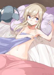 Rule 34 | 1girl, blonde hair, blue eyes, blush, collarbone, commentary request, garrison cap, hat, kantai collection, long hair, looking away, lying, navel, on back, on bed, pillow, solo, suka, u-511 (kancolle)