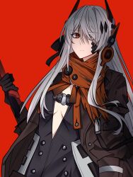 Rule 34 | 1girl, bandaid, bandaid on cheek, bandaid on face, black jacket, breasts, closed mouth, dog tags, grey eyes, grey hair, hair ornament, hair over one eye, headphones, heterochromia, highres, holding, holding sword, holding weapon, jacket, lucia: crimson abyss (punishing: gray raven), mechanical arms, open clothes, open jacket, orange eyes, pokarii zuu, punishing: gray raven, red background, red scarf, scarf, small breasts, sword, weapon