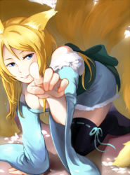 Rule 34 | 10s, 1girl, a-shi (lion81923), animal ears, arm support, artist name, ayase eli, bad id, bad pixiv id, bare shoulders, black thighhighs, blonde hair, blue eyes, breasts, cleavage, detached sleeves, downblouse, fox ears, fox tail, kemonomimi mode, kitsune, kneeling, large breasts, long hair, looking at viewer, love live!, love live! school idol festival, love live! school idol project, multiple tails, no shoes, pointing, pointing at viewer, signature, solo, tail, thighhighs, wide sleeves