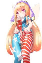 Rule 34 | 1girl, akisha, american flag dress, american flag legwear, bad id, bad twitter id, blonde hair, blush, clothes pull, clownpiece, collar, eyebrows, fairy wings, frilled collar, frilled shirt collar, frills, from below, hat, highres, jester cap, long hair, pantyhose, pantyhose pull, pink hair, polka dot, pulled by self, shirt, short sleeves, simple background, solo, star (symbol), striped, touhou, very long hair, white background, wings