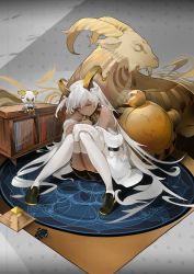 Rule 34 | 1girl, absurdres, animal ears, arknights, beeswax (arknights), black footwear, black shorts, blouse, cardigan, carnelian (arknights), chinese commentary, commentary request, dark-skinned female, dark skin, doctor (arknights), doll, eaersl, full body, goat ears, goat girl, goat horns, gold horns, grey hair, highres, horns, hugging own legs, long hair, long sleeves, looking down, on floor, open cardigan, open clothes, parted lips, shirt, short shorts, short sleeves, shorts, sitting, sleeveless, sleeveless shirt, solo, thighhighs, very long hair, white cardigan, white thighhighs, yellow eyes
