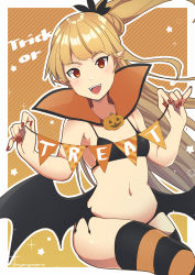 Rule 34 | 1girl, absurdres, anotherxalice, artist name, bat wings, bikini, black bikini, blonde hair, fang, halloween, highres, long hair, nail polish, navel, nyasunyadoora, orange background, orange thighhighs, pointy ears, red eyes, red nails, simple background, sitting, solo, striped clothes, striped thighhighs, swimsuit, thighhighs, trick or treat, twitter username, wings