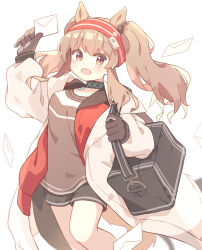 Rule 34 | 1girl, absurdres, angelina (arknights), animal ears, arknights, arm up, bag, bare legs, black bag, black gloves, black shirt, black shorts, blush, breasts, brown eyes, brown hair, coat, duffel bag, earpiece, envelope, extra ears, feet out of frame, fox ears, fox girl, fox tail, gloves, hairband, highres, holding, holding envelope, infection monitor (arknights), long sleeves, looking at viewer, material growth, open clothes, open coat, open mouth, oripathy lesion (arknights), red hairband, ryoku sui, shirt, short shorts, shorts, shoulder bag, small breasts, solo, tail, white coat