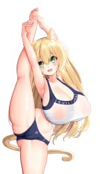 Rule 34 | 1girl, animal ear fluff, animal ears, armpits, arms up, balancing, barefoot, bike shorts, blonde hair, blush, breasts, cameltoe, cat ears, cat girl, cat tail, cleavage, covered areolae, dot nose, feet, green eyes, hair between eyes, hair over shoulder, highres, holding own foot, huge breasts, kaedeno yuu, kneepits, leg up, navel, original, reimu nekomusu (kaedeno yuu), shiny skin, shortstack, smile, solo, sparkle, split, standing, standing on one leg, standing split, tail, tank top, teeth, thick thighs, thighs, upper teeth only, white background, workout clothes