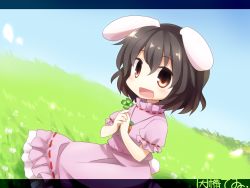 Rule 34 | 1girl, animal ears, black hair, blush, brown eyes, carrot, carrot necklace, character name, cherry blossoms, chibi, clover, dress, female focus, flower, four-leaf clover, grass, hands on own chest, highres, inaba tewi, jewelry, letterboxed, necklace, open mouth, pink dress, rabbit ears, rabbit girl, rabbit tail, short hair, smile, solo, tail, touhou, yamabuki (yusuraume)