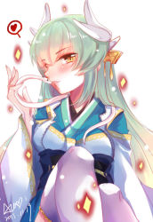 Rule 34 | 1girl, aqua hair, fate/grand order, fate (series), horns, japanese clothes, kimono, kiyohime (fate), long hair, looking at viewer, puyue, snake, solo, thighhighs, yellow eyes