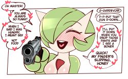 Rule 34 | 1girl, ^ ^, absurdres, aiming, aiming at viewer, blush, bob cut, border, breasts, closed eyes, colored skin, creatures (company), english text, female focus, female rapist, femdom, finger on trigger, flying sweatdrops, game freak, gardevoir, gen 3 pokemon, green hair, green skin, gun, hair over one eye, handgun, happy, heart, heart in mouth, highres, holding, holding gun, holding weapon, medium breasts, meme, multicolored skin, nintendo, no humans, no nipples, nose blush, one eye covered, open mouth, pokemon, pokemon (creature), rape, saltyxodium, shiny skin, short hair, simple background, sketch, smile, solo, speech bubble, spoken heart, talking, teeth, text focus, two-tone skin, upper body, weapon, white background, white border, white skin, yandere