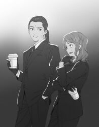 Rule 34 | 1boy, 1girl, bindi, black gloves, black hair, black jacket, black necktie, black pants, black suit, cissnei, coffee cup, collared shirt, cowboy shot, crisis core final fantasy vii, crossed arms, cup, disposable cup, earrings, final fantasy, final fantasy vii, formal, gloves, gradient background, grey background, greyscale, hair pulled back, hand in pocket, hand on own chin, highres, holding, holding cup, jacket, jewelry, long hair, long sleeves, looking at another, monochrome, necktie, negitoro umaai, open mouth, pants, ponytail, shirt, smile, straight hair, suit, suit jacket, tseng, wavy hair, white shirt