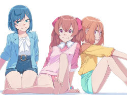 Rule 34 | 3girls, :d, akinbo (hyouka fuyou), bare legs, barefoot, blue hair, blue jacket, blue shorts, bow, brown hair, closed mouth, delicious party precure, fuwa kokone, green eyes, hair ornament, hairclip, hanamichi ran, high-waist shorts, jacket, kneeling, long hair, looking at viewer, multiple girls, nagomi yui, open clothes, open jacket, open mouth, pink shirt, pink shorts, pink vest, precure, red eyes, shirt, short hair, short shorts, shorts, simple background, sitting, smile, soles, thigh gap, vest, white background, white bow, white shirt, yellow shirt
