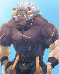 Rule 34 | 1boy, bara, black male swimwear, camouflage, camouflage pants, cowboy shot, crotchless, crotchless pants, curled horns, face, furry, furry male, goggles, goggles around neck, grey fur, highres, horns, jinnai10, krampus (housamo), large pectorals, long sideburns, looking at viewer, male focus, male swimwear, medium hair, muscular, muscular male, pants, pectorals, scar, scar across eye, scar on chest, scar on face, sideburns, solo, stomach, swim briefs, thick eyebrows, tokyo houkago summoners, tusks, zipper