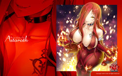 Rule 34 | 00s, 1girl, astaroth (taimanin asagi), bare shoulders, breasts, cleavage, dated, dress, female focus, fire, full body, highres, large breasts, lilith-soft, long hair, looking at viewer, magic, naughty face, no bra, official art, official wallpaper, potion (moudamepo), red hair, shiny skin, sideboob, smile, solo, taimanin (series), taimanin asagi, taimanin asagi kessen arena, tattoo, wallpaper, yellow eyes