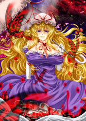 Rule 34 | 1girl, archienemy, blonde hair, breasts, bug, butterfly, cleavage, dress, elbow gloves, female focus, frills, gloves, hair ribbon, hat, huge breasts, bug, long hair, naughty face, purple eyes, ribbon, skirt, solo, touhou, umbrella, white gloves, yakumo yukari