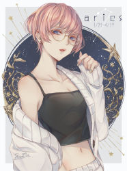 Rule 34 | 1girl, aries (constellation), aries (zodiac), blue eyes, cartolaio, collarbone, dated, earrings, glasses, grey nails, hand up, jewelry, long sleeves, looking at viewer, midriff, nail polish, navel, off shoulder, original, parted lips, pink hair, short hair, solo, standing, stud earrings, tank top, zodiac