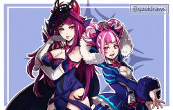 Rule 34 | 2girls, back-to-back, bare shoulders, breasts, cleavage, cut bangs, dress, fire emblem, fire emblem engage, flower, frilled dress, frills, gzei, hair rings, highres, hip vent, hortensia (fire emblem), ivy (fire emblem), juliet sleeves, large breasts, long hair, long sleeves, looking at another, multiple girls, nintendo, pink hair, puffy sleeves, purple hair, red flower, red rose, rose, siblings, sisters, small breasts, striped clothes, striped dress, swept bangs, vertical-striped clothes, vertical-striped dress