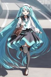 Rule 34 | 1girl, :d, bag, beret, black sailor collar, black skirt, black thighhighs, blue eyes, blue hair, blue necktie, blush, brown footwear, commentary request, day, full body, hat, hatsune miku, highres, holding strap, loafers, long hair, looking at viewer, necktie, open mouth, outdoors, pentagon (railgun ky1206), pleated skirt, railing, running, sailor collar, shirt, shoes, skirt, smile, solo, swept bangs, thighhighs, tie clip, twintails, very long hair, vocaloid, white hat, white shirt