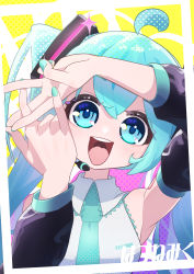 Rule 34 | 1girl, :d, absurdres, ahoge, arm up, bare shoulders, black sleeves, blue eyes, blue hair, blue nails, blue necktie, collared shirt, detached sleeves, hair between eyes, hand up, hatsune miku, head tilt, highres, kinosuke (pattaba), long hair, long sleeves, nail polish, necktie, open mouth, puffy long sleeves, puffy sleeves, shirt, sleeveless, sleeveless shirt, smile, solo, sparkle, teeth, twintails, upper body, upper teeth only, vocaloid, white shirt