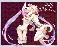 Rule 34 | 10s, 2011, 2girls, animal ears, bad id, bad pixiv id, boots, bridal gauntlets, rabbit ears, closed eyes, gradient hair, highres, hug, knee boots, multicolored hair, multiple girls, new year, pascal (tales), purple background, purple hair, red hair, satsuyu ito, scarf, sophie (tales), tales of (series), tales of graces, twintails, white hair