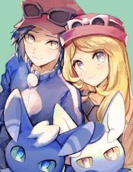 Rule 34 | 1boy, 1girl, blonde hair, blue jacket, blush, calem (pokemon), closed mouth, commentary request, creatures (company), eyelashes, eyewear on headwear, game freak, gen 6 pokemon, green background, grey eyes, hat, highres, huan li, jacket, long hair, looking at viewer, meowstic, meowstic (female), meowstic (male), nintendo, pokemon, pokemon (creature), pokemon xy, red headwear, serena (pokemon), shirt, sleeveless, sleeveless shirt, smile, sunglasses