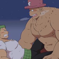 Rule 34 | 2boys, alternate muscle size, bara, belly, blush, breath, bulge, bulge to ass, eye contact, fat, fat man, feet out of frame, from side, furry, furry with non-furry, green hair, highres, interspecies, large pectorals, long sideburns, looking at another, male focus, multiple boys, muscular, muscular male, nipples, one piece, pectorals, pink headwear, profile, roronoa zoro, saruhiko (mtmnkmn), shirt, short hair, sideburns, strongman waist, t-shirt, thick arms, tony tony chopper, topless male