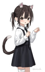 1girl animal_ears bandaged_leg bandages black_necktie black_skirt blush brown_eyes brown_hair cat_ears cat_tail collared_shirt commentary cowboy_shot extra_ears from_side half_updo long_sleeves looking_at_viewer necktie open_mouth original ruimado shirt simple_background skirt solo suspender_skirt suspenders tail white_background white_shirt