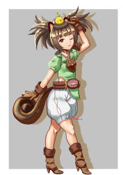 Rule 34 | 1girl, animal ears, arm up, belt, boots, brown eyes, brown hair, dog ears, elin, gloves, green shirt, hand on own head, high heels, highres, kumehara chiyota, one eye closed, shirt, short hair, shorts, smile, solo, tail, tera online, twintails, white shorts